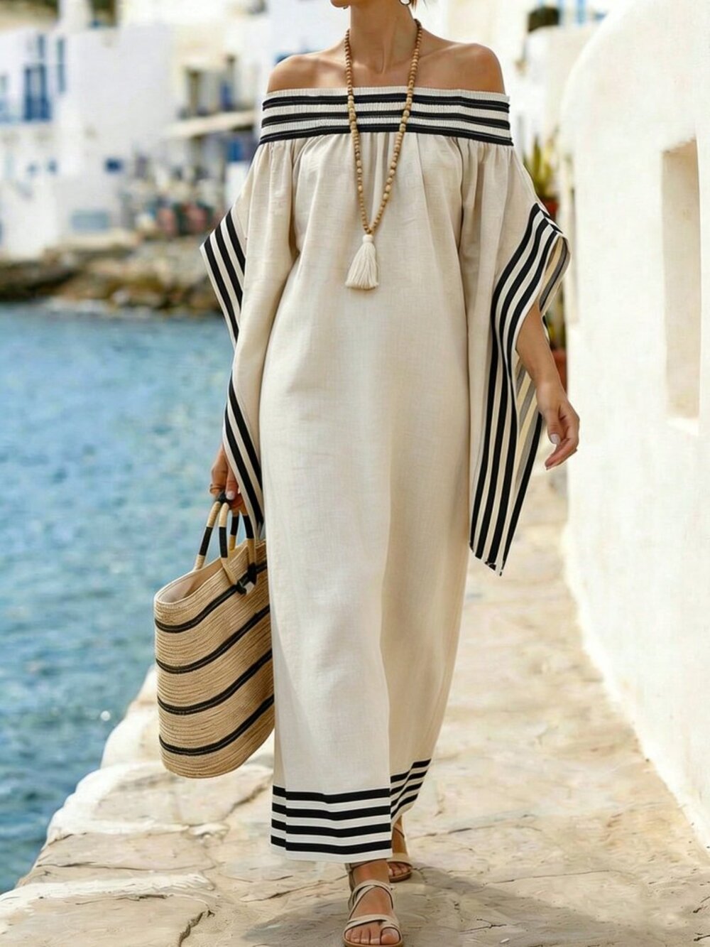 Beige Boho Women's Off-Shoulder Loose Casual Vacation Dress - Picture 1 of 4